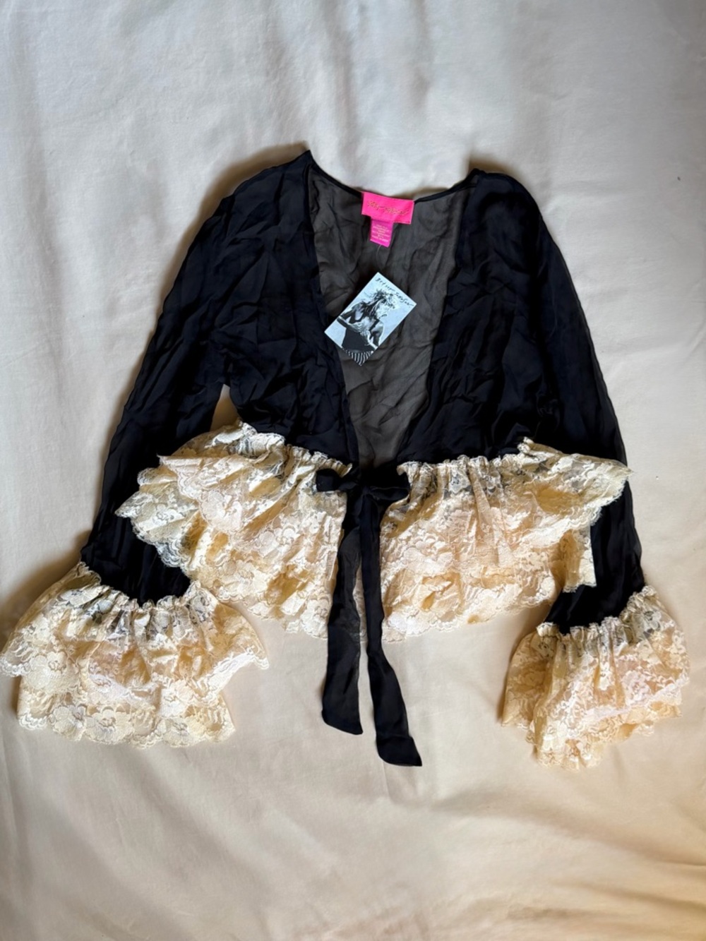 RARE NWT Betsey Johnson Silk Lace Ruffle Tie Front Blouse Romantic Gothic 2000s
